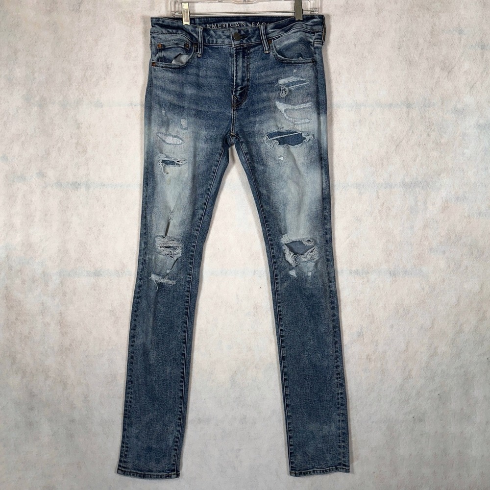 American Eagle Jeans Mens 33x32 Skinny Blue Distressed Next Level Airflex Ripped